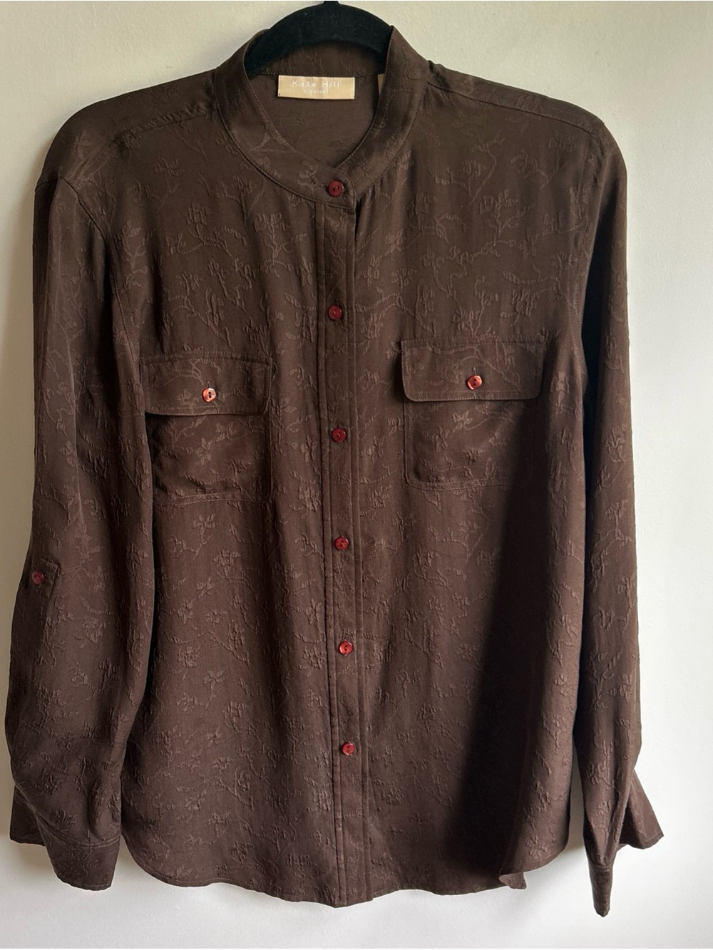 Kate Hill Brown Textured Mandarin Collar Button-Front Blouse